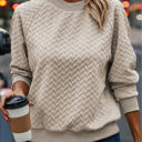 Large Beige Solid Textured Raglan Sleeve Pullover Sweatshirt